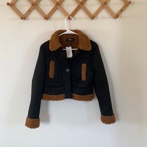 Cropped suede and collared teddy Sherpa bomber jacket